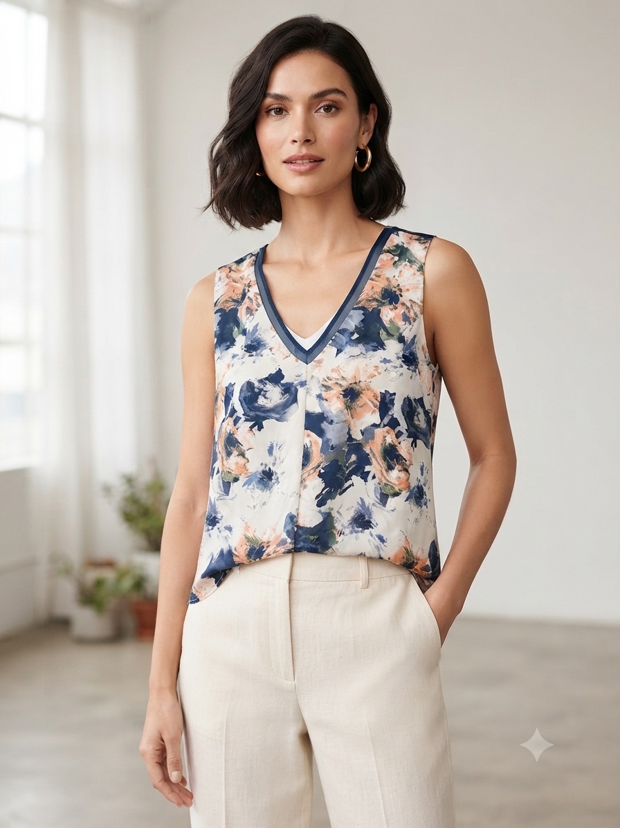 Floral V-Neck Sleeveless Camisole In Navy And Peach